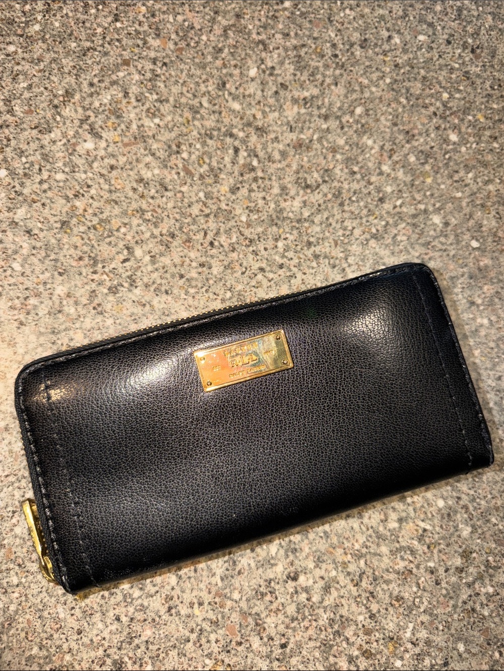 Lauren Ralph Lauren Black Leather Zip Wallet with Gold Plate